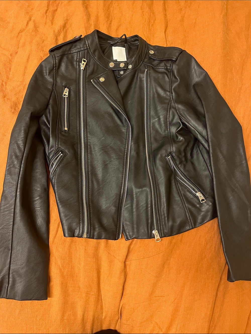 H&M Black Faux Leather Moto Jacket with Silver Hardware